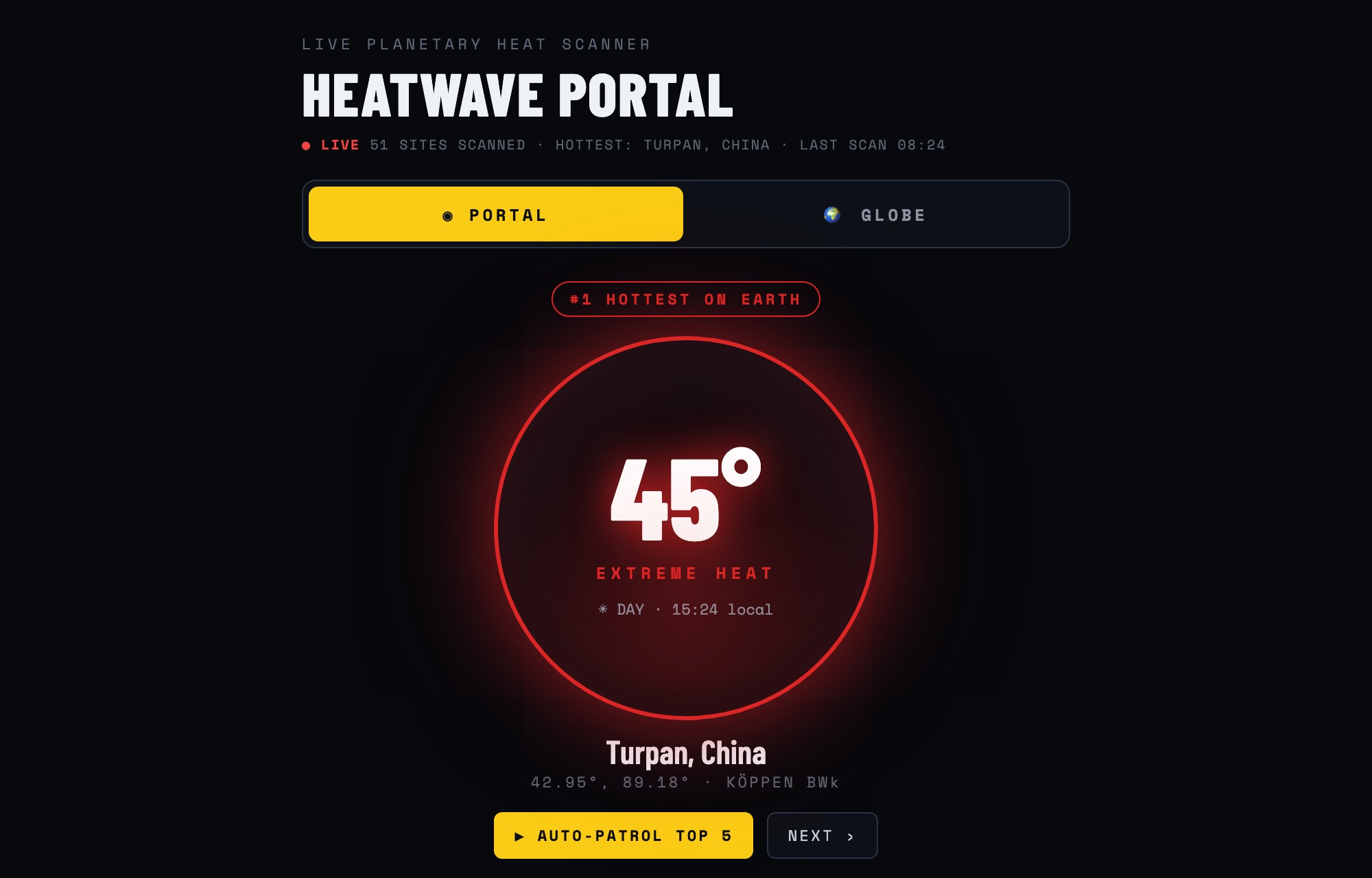 Heatwave Portal — live planetary heat scanner ranking the hottest places on Earth