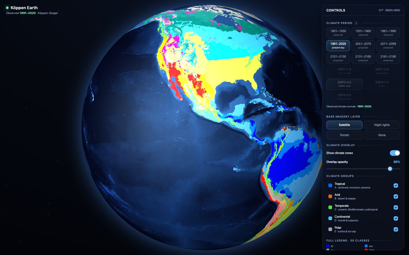 Köppen Climate Explorer — interactive 3D globe of the world's climate zones